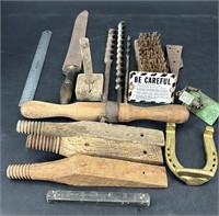 Lot Of Antique Tools & Be Careful Metal Sign