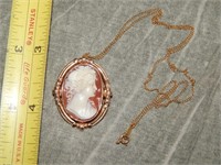 10K Gold Cameo Brooch on 14K Gold chain