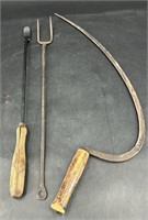 Antique Sickle, Antique Hand Forged Fork &