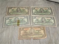5 Canada 1937 $1 Banknotes