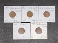 Lot of 5 Indian Head Pennies: 3- 1905, 1906, &