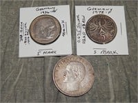 3 German SILVER 5 Mark Coins 1903 & UP