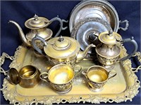 AS IS SILVER PLATE TRAY TEA COFFEE POTS & DISH
