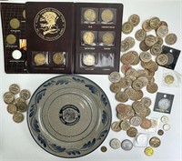 Wooden Nickels, Tokens & Stoneware Plate