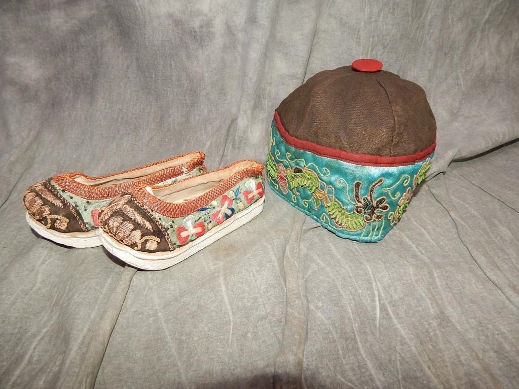 OLD Chinese Child's Shoes & Cap  embroidery