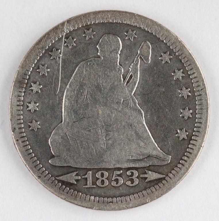 1853 US SEATED LIBERTY SILVER QUARTER COIN