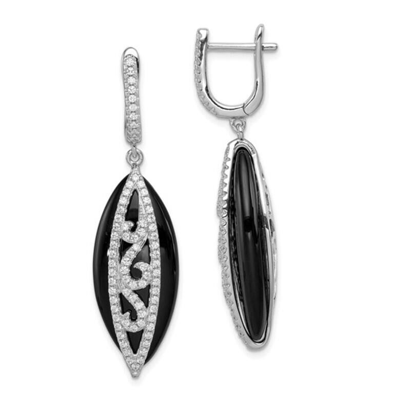 Silver Onyx Austrian Crystal Hoop Earrings