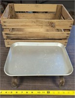 VINTAGE WOODEN CRATE AND METAL CAR HOP TRAY