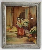 2 Girls Walking W/ Flowers Painting Framed