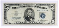 **STAR NOTE** 1953 US $5 SILVER CERTIFICATE NOTE