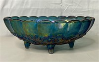 Vintage Blue Carnival Glass Footed Bowl