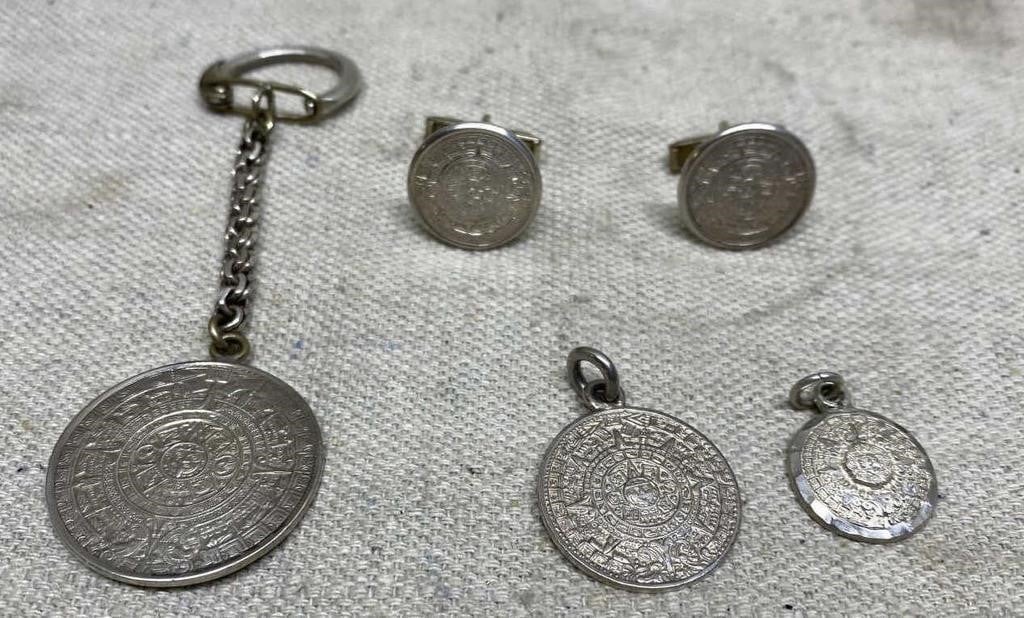 Sterling Aztec Cufflinks, Key Ring and Pendant