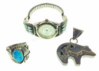 Navajo & Zuni Sterling Ring, Pendant, & Watch Tips
