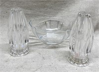 Crystal Salt and Pepper Shakers and Arcoroc Bowl