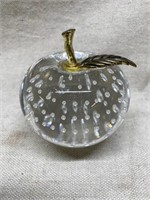 Crystal and Brass Apple Paperweight Etched NY