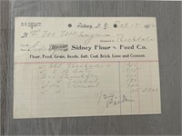 Vintage 1902 Sidney Flour Feed Receipt