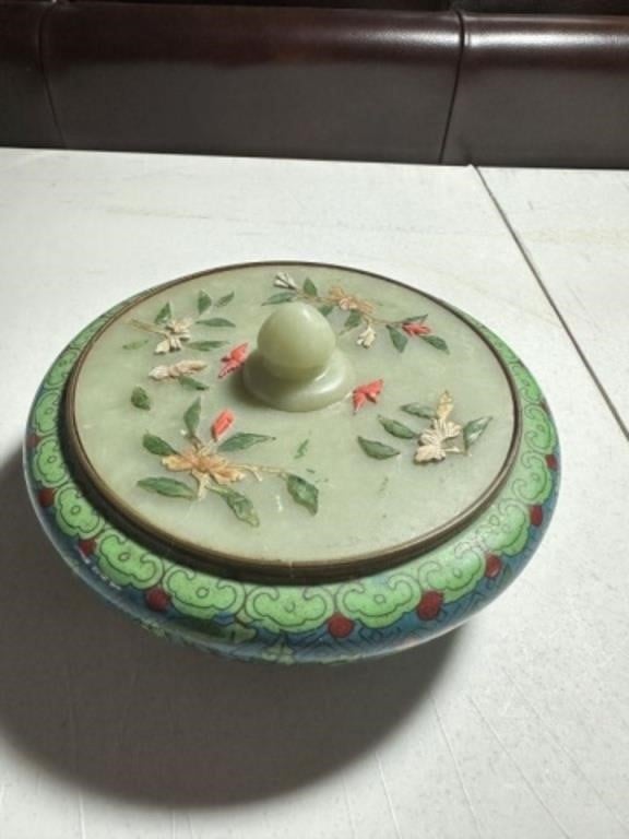 Pot Metal Floral Bowl with Jadeite Style Lid