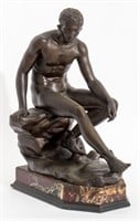 Patinated Metal Sculpture of Hermes on Marble Base