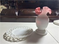 Milk Glass Ruffled Vase with Open Laced Plate