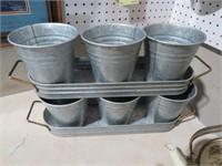 6 SMALL GALVANIZED BUCKETS WITH 2 TRAY HOLDERS