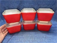 (6) Red Pyrex refrig. jars w/ lids