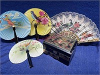 Old Asian musical jewelry box & 4 colorful fans