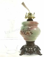 Vintage Floral Glass & Brass Oil Lamp