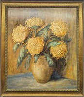 Vintage Original Oil On Panel Golden Mums Floral P