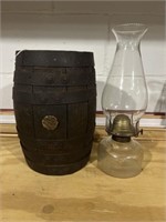 Oil Lamp & Small Wood Barrel