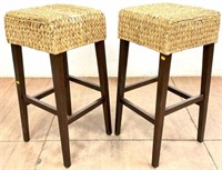 Pair Backless Woven Seagrass Barstools