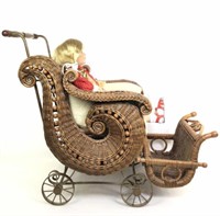 (2pc) Porcelain Doll & Wicker Doll Stroller