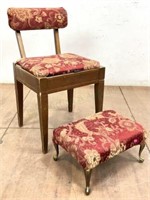 Vtg Upholstered Wood Chair & Brass Legged Stool