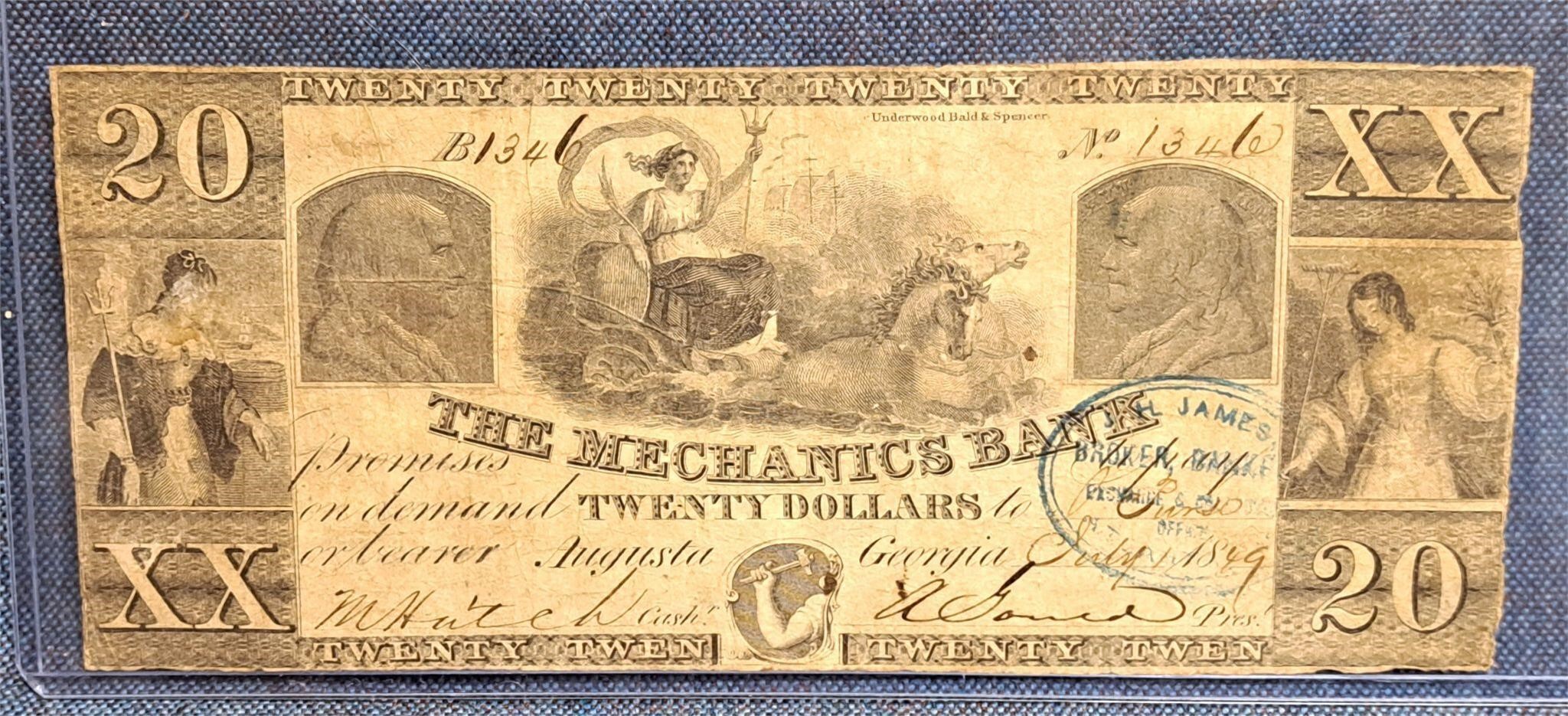 1856 MECHANICS BANK 20DOLLAR US ANTIQUE GEORGIA