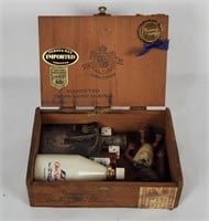Cigar Box W/ Vtg Items - Tintype Pic, Whistle Etc.