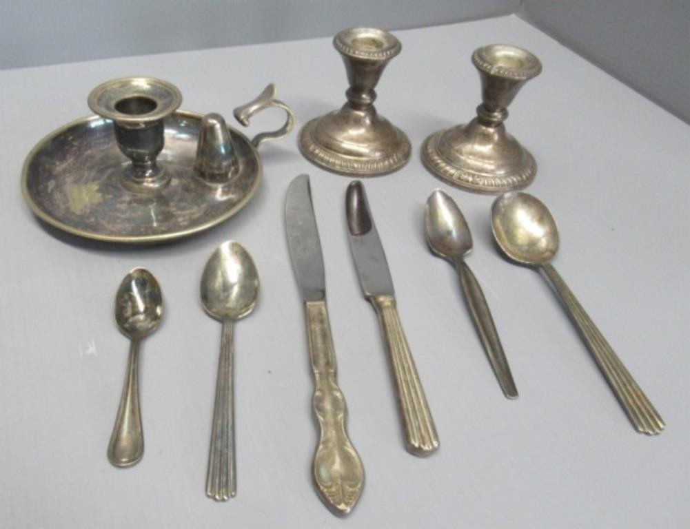 Silver plate flatware, weighted, candlesticks,