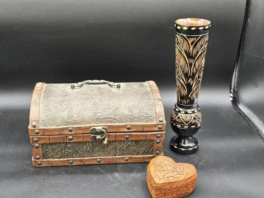 Wood Trinket Boxes, Vase, Necklaces