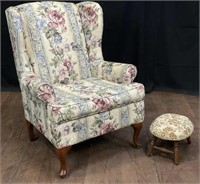 Vintage Queen Anne Style Wing Chair & Footstool
