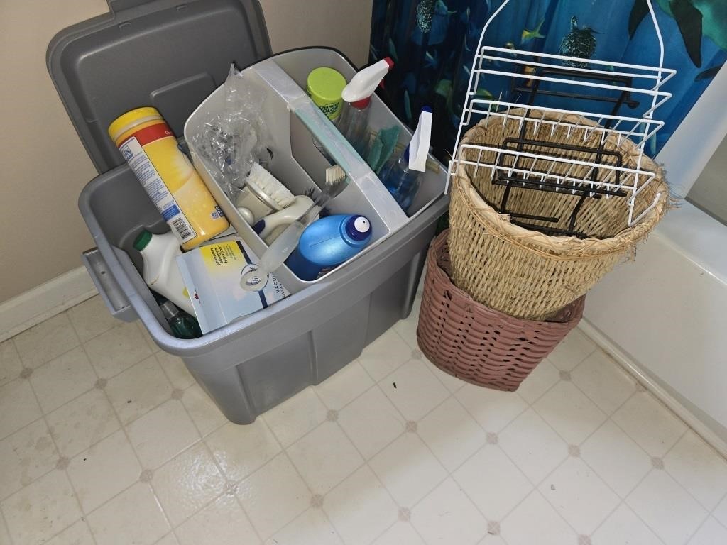 Tote of cleaning supplies and more
