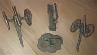 (3) Miniature pewter artillery cannons and powder