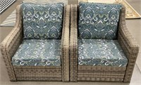 Pair Of Resin Wicker Patio Arm Chairs W/ Cushions