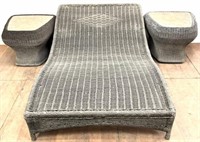 (3pc) Wicker Rattan Chaise Lounge & Side Tables