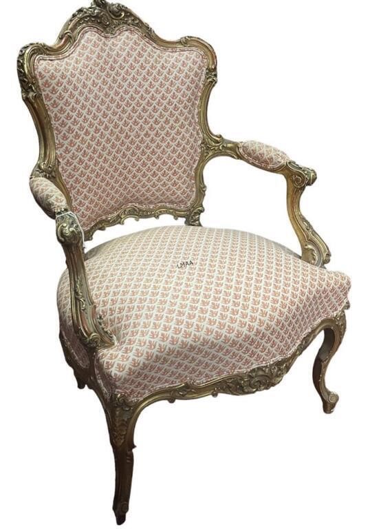 19th C. LOUIS XVI STYLE ARMCHAIR IN FORTUNY