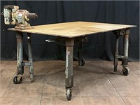 Industrial Steel Shop Table On Casters & Vice