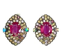 Natural Red Ruby & Sapphire Earrings