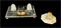 VICTORIAN INKWELL SET W MOTHER OF PEARL INLAY