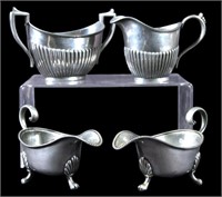 4 ANTIQUE PEWTER GRAVY BOATS AND SUGAR BOWL