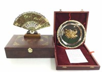 (2pc) Chinese Brass Craft Fan, Collectors Plate