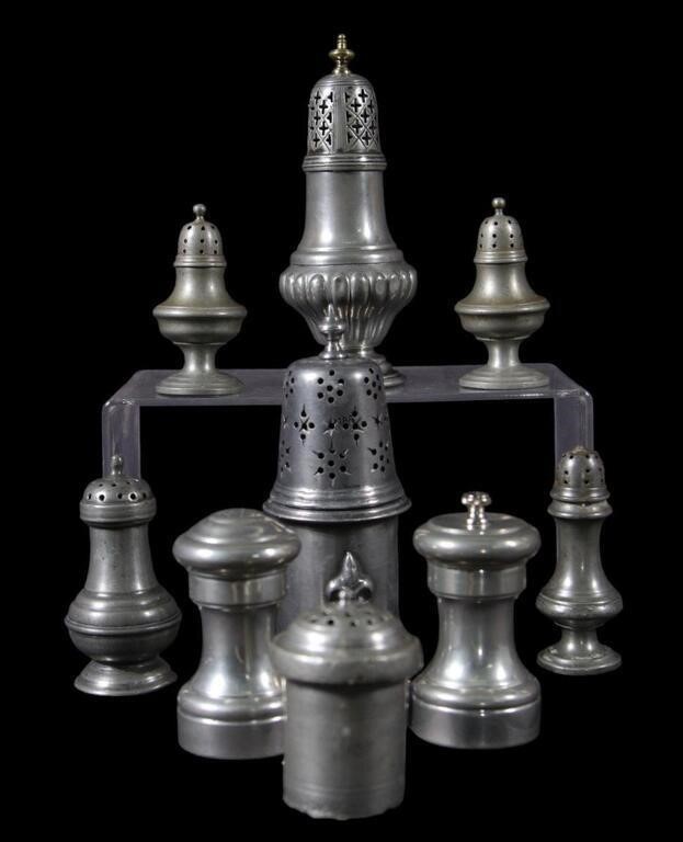 9 VARIOUS ANTIQUE PEWTER SALT AND PEPPER SHAKERS