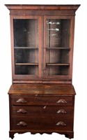 ANTIQUE SECRETARY WITH BOOKCASE TOP AND THREE DRAW