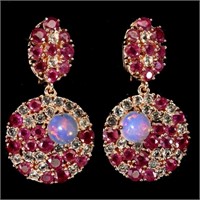 Natural Ethopian White Opal and Red Ruby Earrings